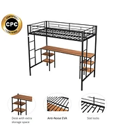 Slickblue Twin-Size Loft Bed with Built-in Table and Storage Shelves for Kids or Small Rooms