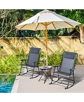 3 Piece Outdoor Rocking Bistro Set, Patio Folding Chair Table Set with Glass Coffee Table for Yard, Patio, Deck, Backyard, Grey