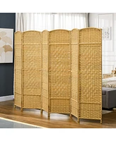 6 Panel Room Divider, 6' Tall Folding Privacy Screen, Hand-Woven Freestanding Wall Partition for Home Office, Bedroom, Nature Wood