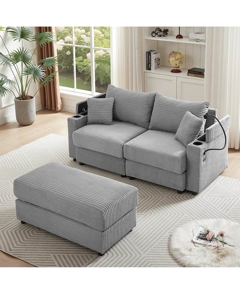 Simplie Fun 72.8" Modern Style Loveseat Sofa Sectional Sofa Couch with Storage Space, A Movable Ottoman, Two Usb Ports, Two Cup Holders, A Phone Holde