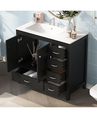 Simplie Fun 36" Black Bathroom Vanity with Ceramic Sink Combo, Abundant Storage Cabinet -2 Soft close doors and 5 drawers