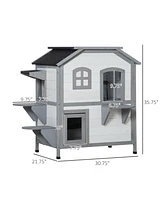 2-story Cat House Outdoor, Weatherproof Wooden Cat Enclosure for Feral Cats with Escape Door, Openable Roof, Jumping Platforms, White
