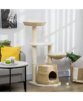 Simplie Fun 47" Cat Tree Kitty Activity Center, Cat Climbing Toy with Cattail Fluff, Bed, Condo, Sisal Scratching Post, and Hanging Ball, Natural