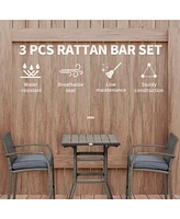 Streamdale Furniture 3 Pcs Rattan Wicker Bar Set with Wood Grain Top Table and 2 Bar Stools for Outdoor, Patio, Poolside, Garden, Grey