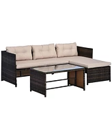 Streamdale Furniture 3 Piece Patio Furniture Set, Rattan Outdoor Sofa Set with Chaise Lounge & Loveseat, Soft Cushions, Tempered Glass Table, L