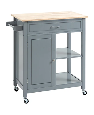 Simplie Fun Kitchen Island Cart, Rolling Kitchen Island with Storage Shelf, Solid Wood Top, Drawer, for Dining Room, Gray