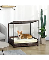 Simplie Fun Wicker Dog House Raised Rattan Extendable Puppy Bed Cat Shelter for Indoor Outdoor Garden Patio Pet Sofa with Removable Cushion for Medium