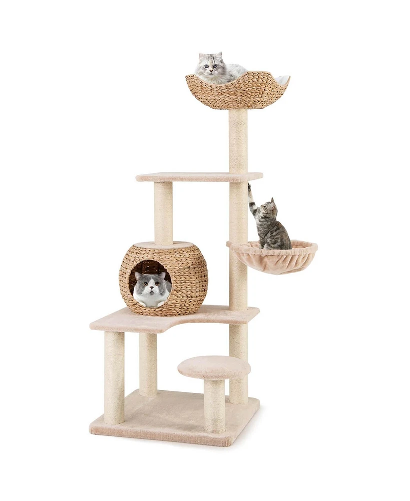 Costway 59" Cattail Cat Tower with Sisal Scratching Posts Perch Condo Soft Hammock Indoor