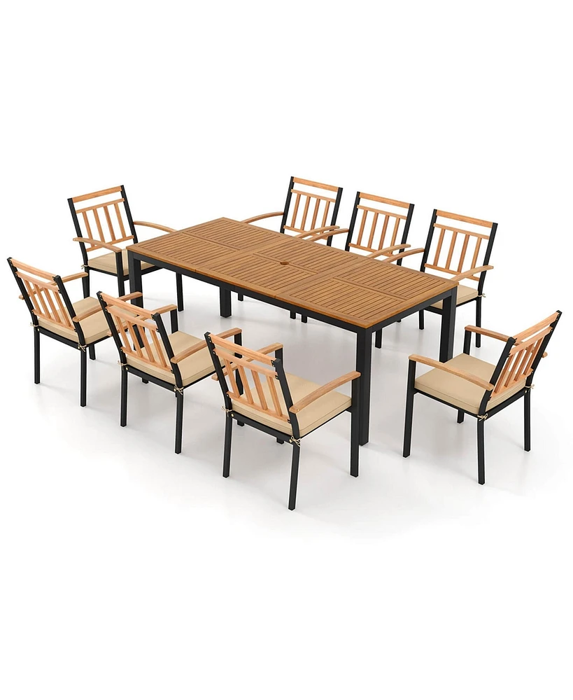 Costway 9 Pcs Outdoor Dining Table & Chairs Set Table with Acacia Wood Top Umbrella Hole