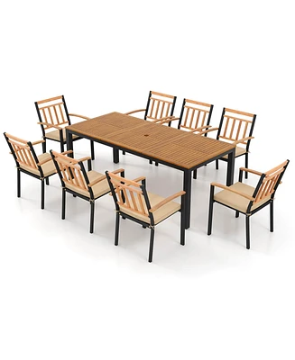 Costway 9 Pcs Outdoor Dining Table & Chairs Set Table with Acacia Wood Top Umbrella Hole