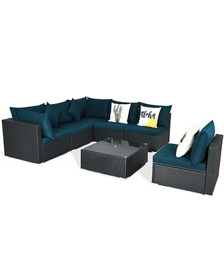 Costway 7PCS Patio Rattan Sofa Set Sectional Conversation Furniture Set Garden Outdoor Peacock