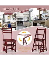 Costway Toddler 3-Step Folding Step Ladder Chair with Bamboo Frame Convertible Stool Reddish