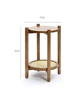 LuxenHome Chestnut Finish Pine and Mdf Wood Accent Round Table with Rattan Shelf