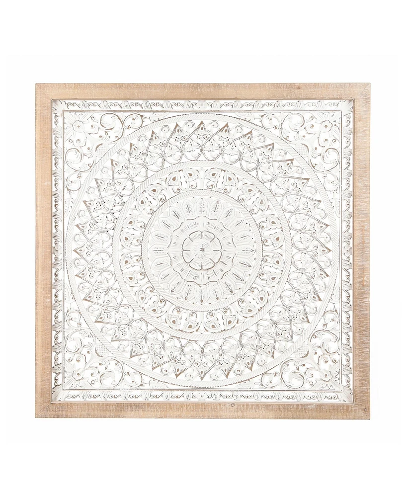 LuxenHome Distressed White Wood Flower Mandala Natural Wood 47.3" Square Frame Wall Decor