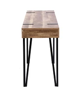 LuxenHome Oak Finish Mdf Wood Black Metal Console Entry Table