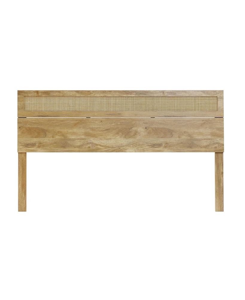 LuxenHome Oak Finish Manufactured Wood with Natural Rattan Top Headboard