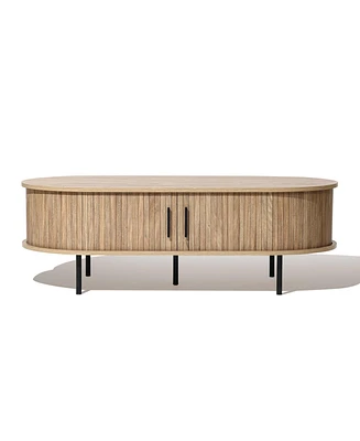 LuxenHome Mid-Century Modern Coffee Table with Storage and Slatted Sliding Doors Oval Center Table