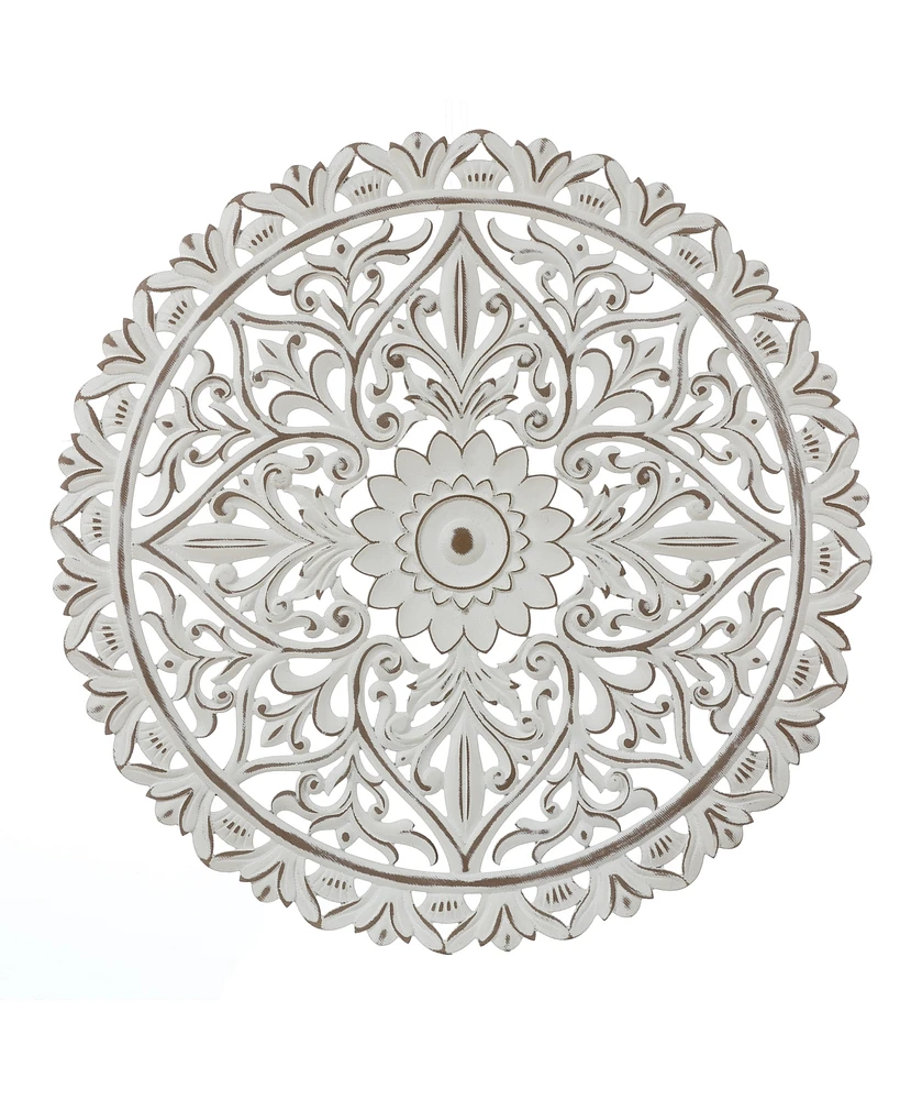 LuxenHome Distressed White Wood Flower 31.5" Round Wall Decor