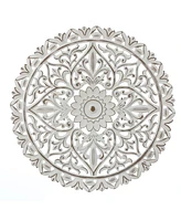 LuxenHome Distressed White Wood Flower 31.5" Round Wall Decor