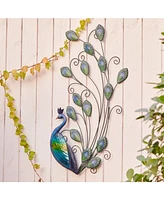 LuxenHome 29.5-Inch H Peacock Metal and Glass Outdoor Wall Decor