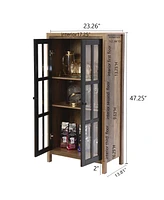 LuxenHome Natural Wood Glass 2-Door Accent Cabinet