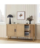 LuxenHome 47.2" Wide 3-Door Rattan Light Oak Finish Wood Sideboard Cabinet