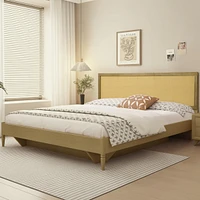 LuxenHome Natural Finish Rubberwood with Rattan Panel Headboard, Queen