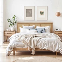 LuxenHome Natural Finish Rubberwood with Rattan Panels Headboard