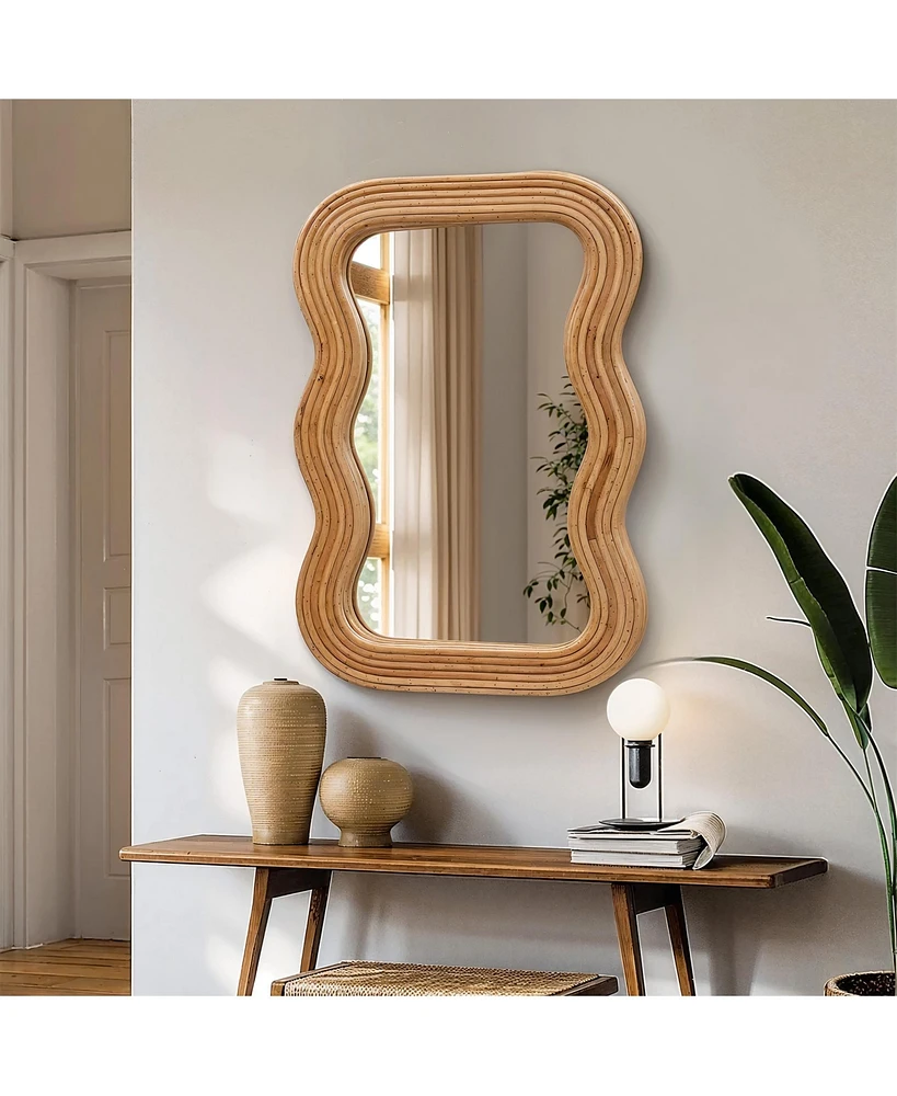 LuxenHome 39-Inch Tall Rectangular Natural Cork Wood Wavy Frame Accent Wall Mirror