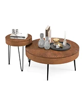 Costway Farmhouse Round CoffeeTable Set of 2 End Table Natural Finish for Living Room Coffee