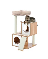 Slickblue Wood Cat Tree Tower With Double Condos Spacious Perch Sisal Scratching Post And Replaceable Dangling Balls