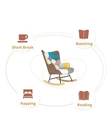 Rocking Chair with ottoman, Mid Century Fabric Rocker Chair with Wood Legs and Patchwork Linen for Livingroom Bedroom