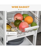 Mobile Kitchen Cart, Rolling Kitchen Island with Storage, Solid Wood Frame Utility Cart with Wire Fruit Baskets, Trays and Drawer, White