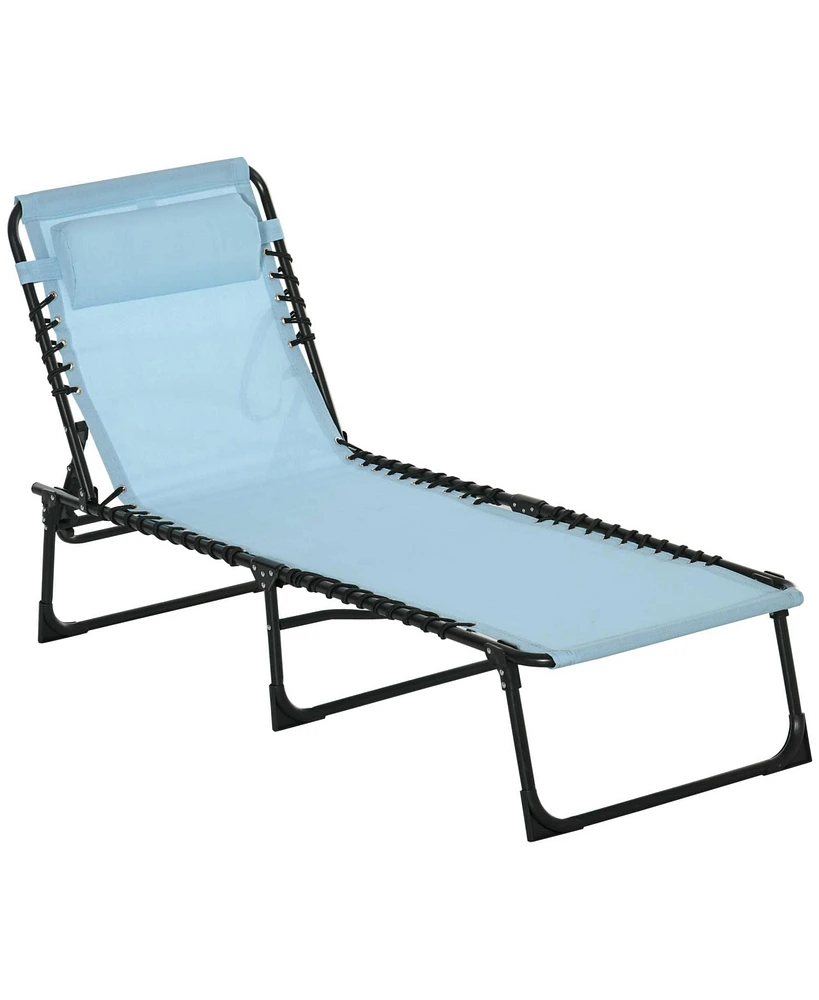 Folding Chaise Lounge Pool Chair, Patio Sun Tanning Chair, Outdoor Lounge Chair w/ 4-Position Reclining Back, Pillow, Breathable Mesh & Bungee Seat fo