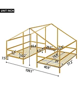 Slickblue Metal Double Twin Triangular House Beds with Built-In Table for Fun & Functional Bedrooms