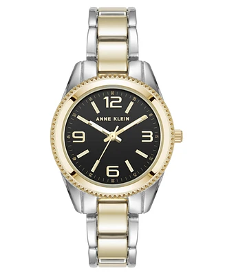 Anne Klein Women's Quartz Bold Coin Edge Bezel Black and Two-Tone Alloy Metal Watch, 32mm