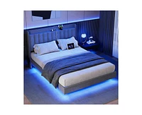 gaomon King Size Floating Bed Frame with Led Lights, Upholstered Platform Full Bed Frame with Charging Station, No Box Spring Needed,Gray