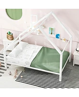 Slickblue Twin Size Metal House Platform Bed with Roof and Chimney for a Charming Children's Bedroom Design