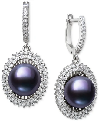 Belle de Mer Peacock Black Cultured Freshwater Pearl (10mm) & Cubic Zirconia Halo Drop Earrings Sterling Silver (Also White