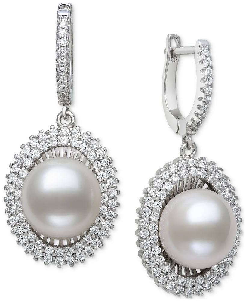 Belle de Mer Peacock Black Cultured Freshwater Pearl (10mm) & Cubic Zirconia Halo Drop Earrings in Sterling Silver (Also in White Cultured Freshwater