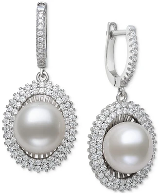 Belle de Mer Peacock Black Cultured Freshwater Pearl (10mm) & Cubic Zirconia Halo Drop Earrings in Sterling Silver (Also in White Cultured Freshwater