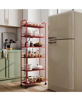 Red 6 Tier Slim Rolling Storage Cart, Mobile Shelving Unit with Wheels, Metal Wire Storage Shelving Rack with Baskets for Kitchen Bathroom Office Laun
