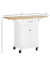 Kitchen Island with Drop Leaf Trolley Cart on Wheels Drawer Cabinet Towel Racks Versatile Use Natural Wood Top and White