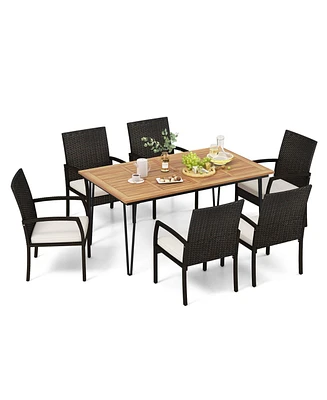 Costway 7 Pcs Patio Dining Set with Acacia Wood Dining Table Rattan Armchairs Soft Cushions