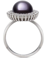 Belle de Mer Peacock Black Cultured Freshwater Pearl (10mm) & Cubic Zirconia Halo Ring Sterling Silver (Also White Pearl)