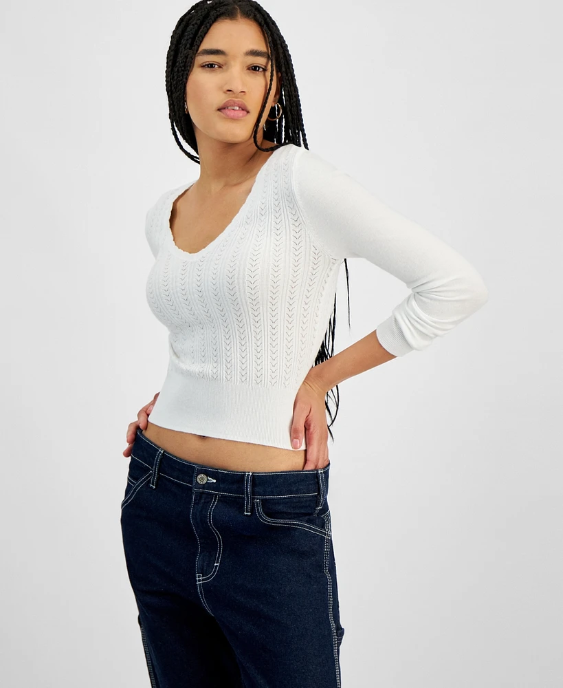 Hooked Up by Iot Juniors' Pointelle V-Neck Long-Sleeve Sweater