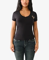 True Religion Women's Studded Horseshoe V Neck Tee