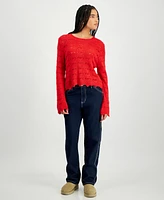 Hooked Up by Iot Juniors' Open-Heart-Stitch Long-Sleeve Pullover Sweater