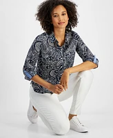 Nautica Jeans Women's Cotton Paisley-Print Roll-Tab Shirt