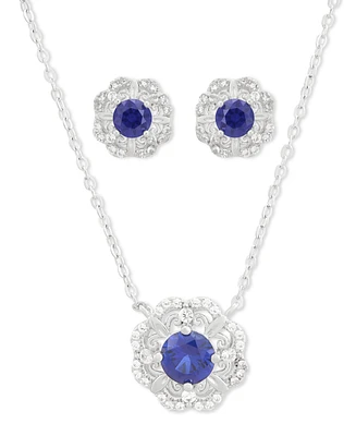 2-Pc. Set Lab Created Blue Sapphire (1-5/8 ct. t.w.) & Lab Created White Sapphire (1-5/8 ct. t.w.) Flower Halo Pendant Necklace & Matching Stud Earrin